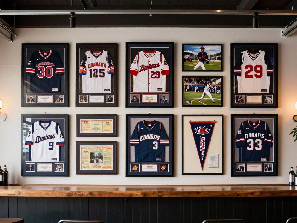 Wall of sports memorabilia and team colors in garage bar