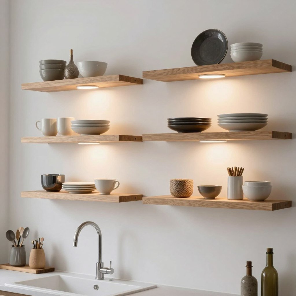 Wall sconces illuminating kitchen open shelving displays