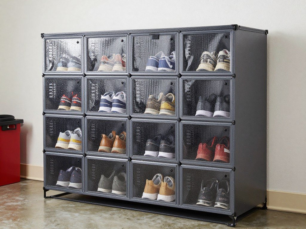 Weather-resistant shoe storage system in garage with moisture protection features