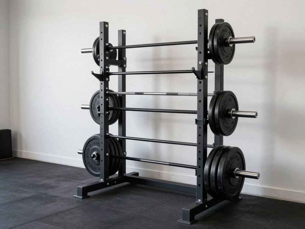Weight plate and barbell storage rack in black garage gym