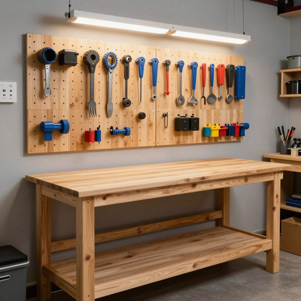 Well-built workbench in a garage workshop with tools organized above it Well-built workbench in a garage workshop with tools organized above it
