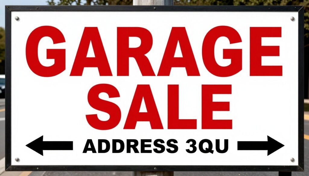 Well-designed garage sale sign with bold text and clear directional arrows