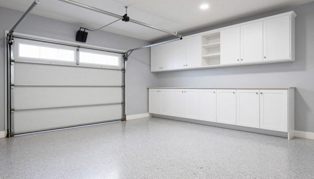 Well-designed garage with coordinated floor, cabinets, and wall colors