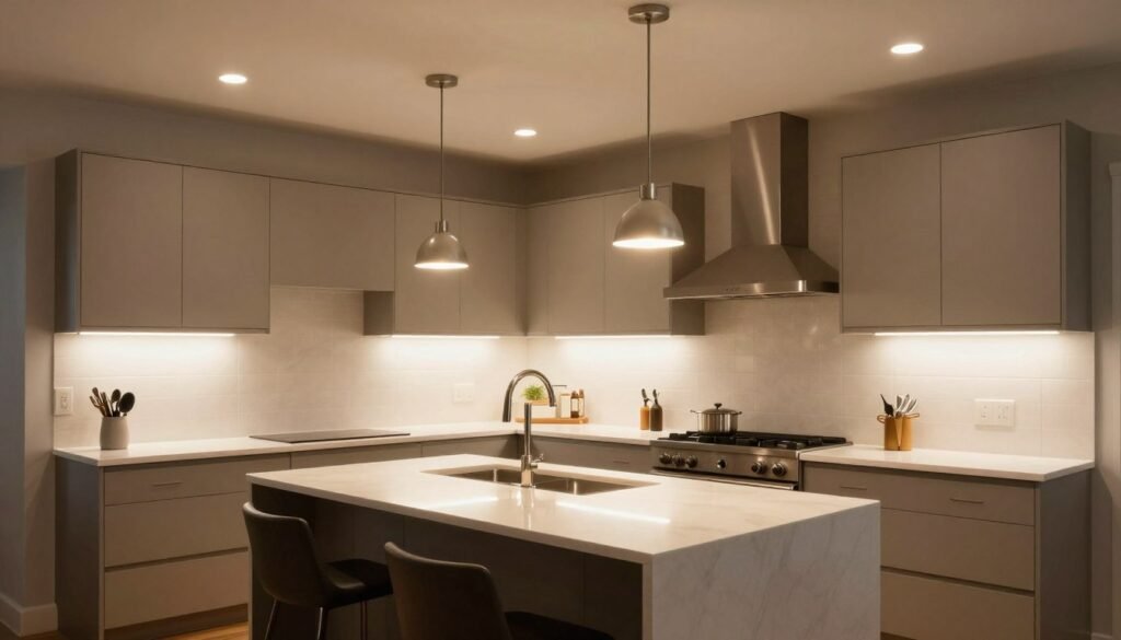 Well-designed kitchen with perfectly balanced layered lighting