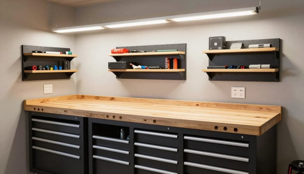 Well-equipped garage workshop with workbench, tool storage, and good lighting