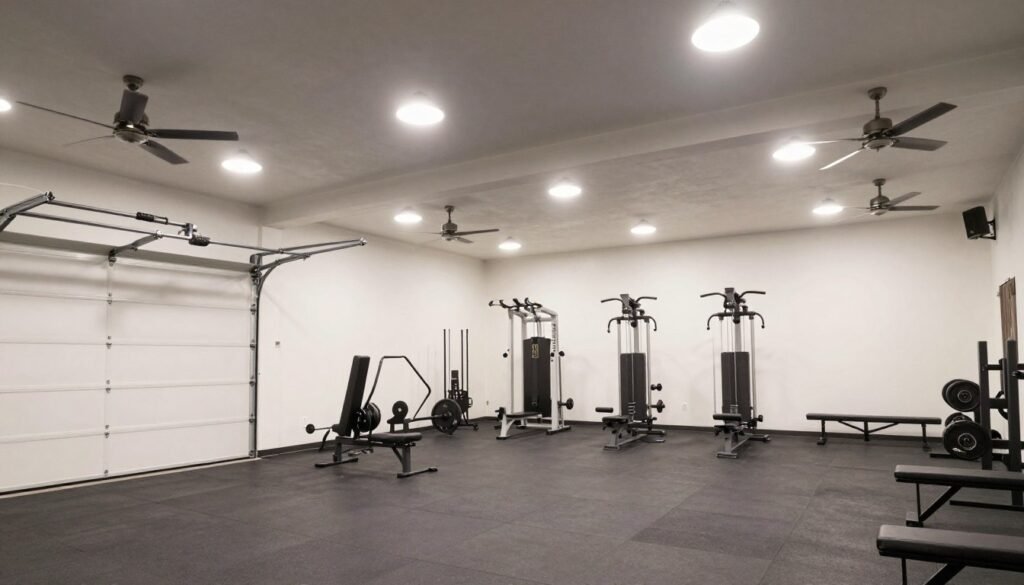 Well-lit garage gym with proper lighting and ventilation