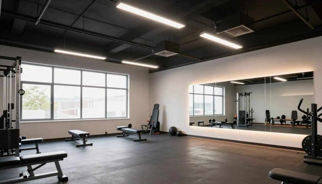 Well-lit garage gym with various lighting solutions