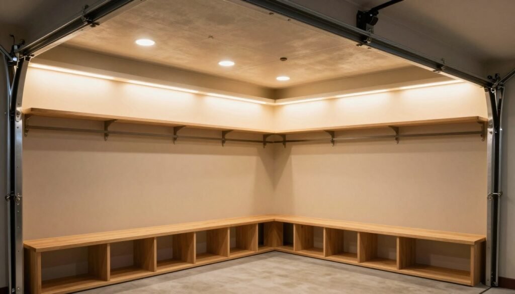 Well-lit garage mudroom with combination of overhead and task lighting