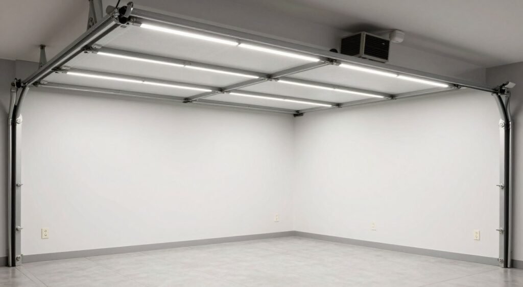 Well-lit garage with LED lighting, electrical outlets, and climate control showing functional garage inspo upgrades