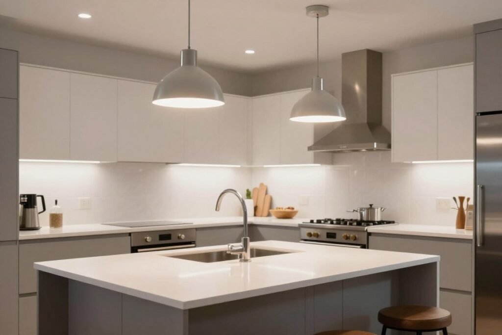 Well-lit kitchen island with task lighting