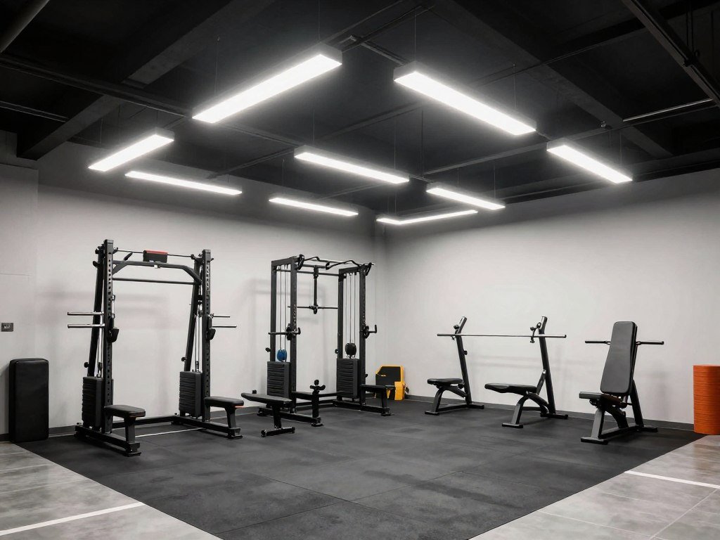 Well-lit small garage gym with LED lighting