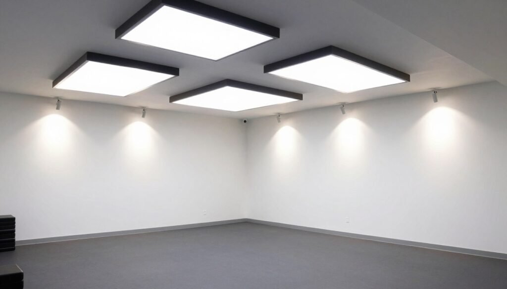 Well-lit small garage gym with various lighting solutions