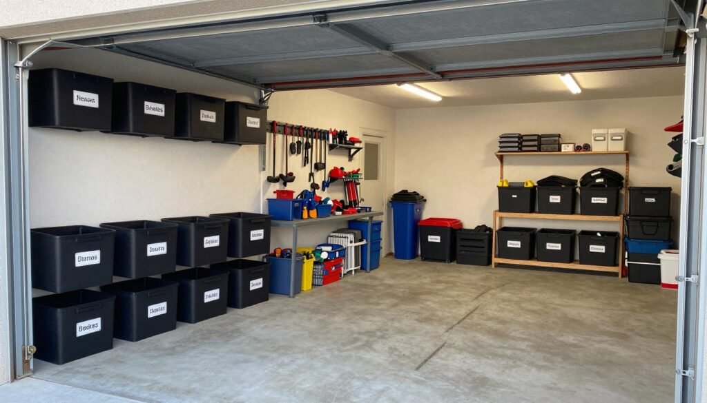 Well-maintained organized garage with labeled zones and clear pathways demonstrating good organization maintenance