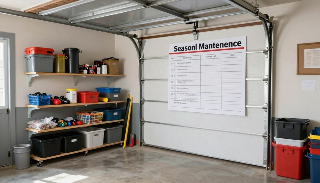 Well-maintained organized garage with seasonal maintenance checklist visible