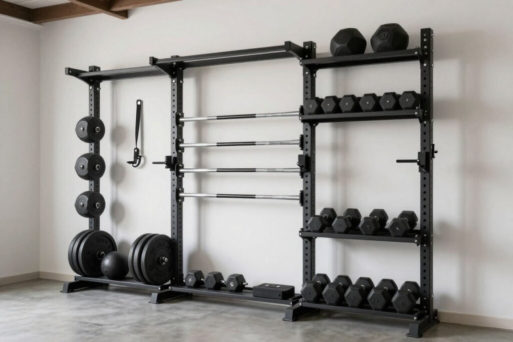 Well-organized garage gym storage with wall-mounted racks and shelving
