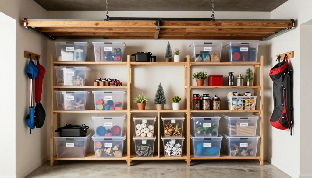 Well-organized garage loft storage system with labeled bins and shelving