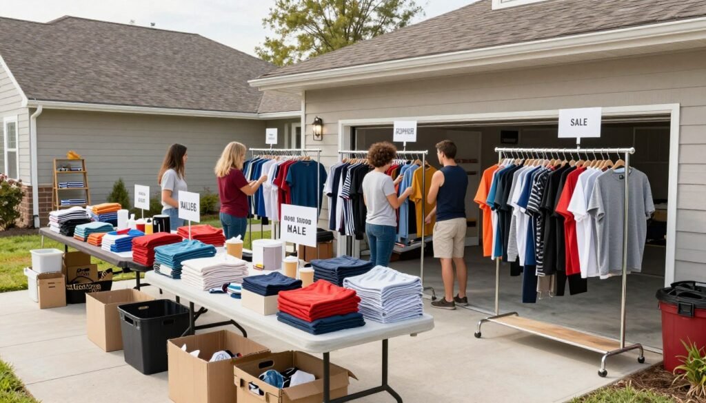 Well-organized garage sale with items displayed on tables and racks