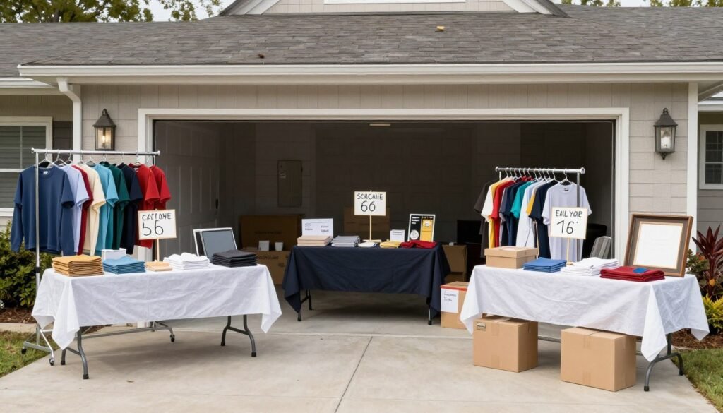 Well-organized garage sale with items neatly displayed on tables, racks, and shelves