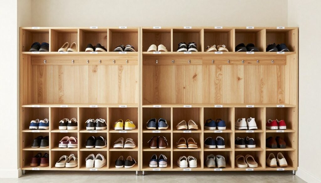 Well-organized garage shoe storage system with labeled sections for different family members