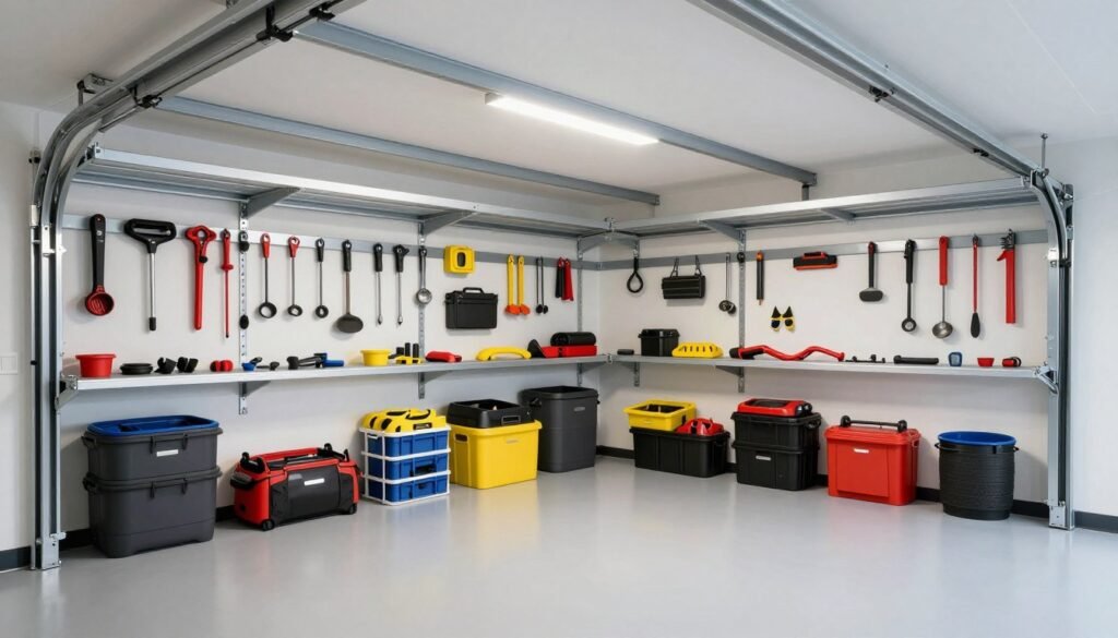 Well-organized garage with storage systems and clean floor