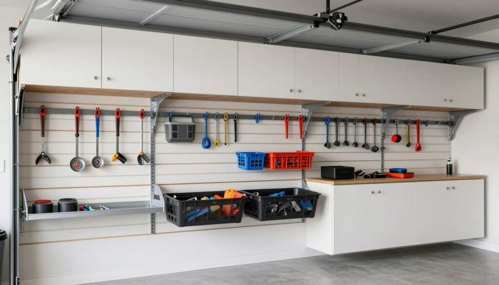 Well-organized garage with wall storage systems and cabinets Well-organized garage with wall storage systems and cabinets