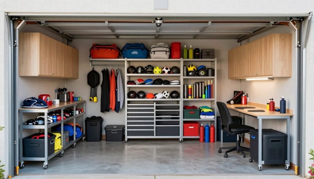 Well-organized garage with zones for different activities and storage needs Well-organized garage with zones for different activities and storage needs