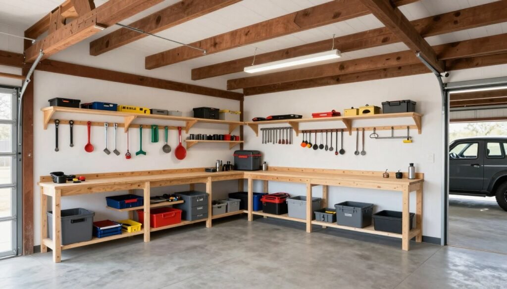 Well-organized interior of a barn style garage with storage systems and workbench Well-organized interior of a barn style garage with storage systems and workbench