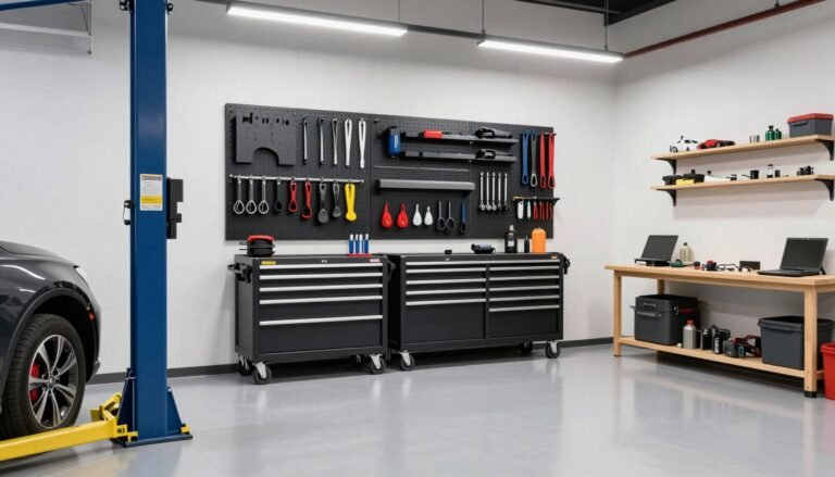 Well-organized mechanic garage with tool wall, workbench, and vehicle lift