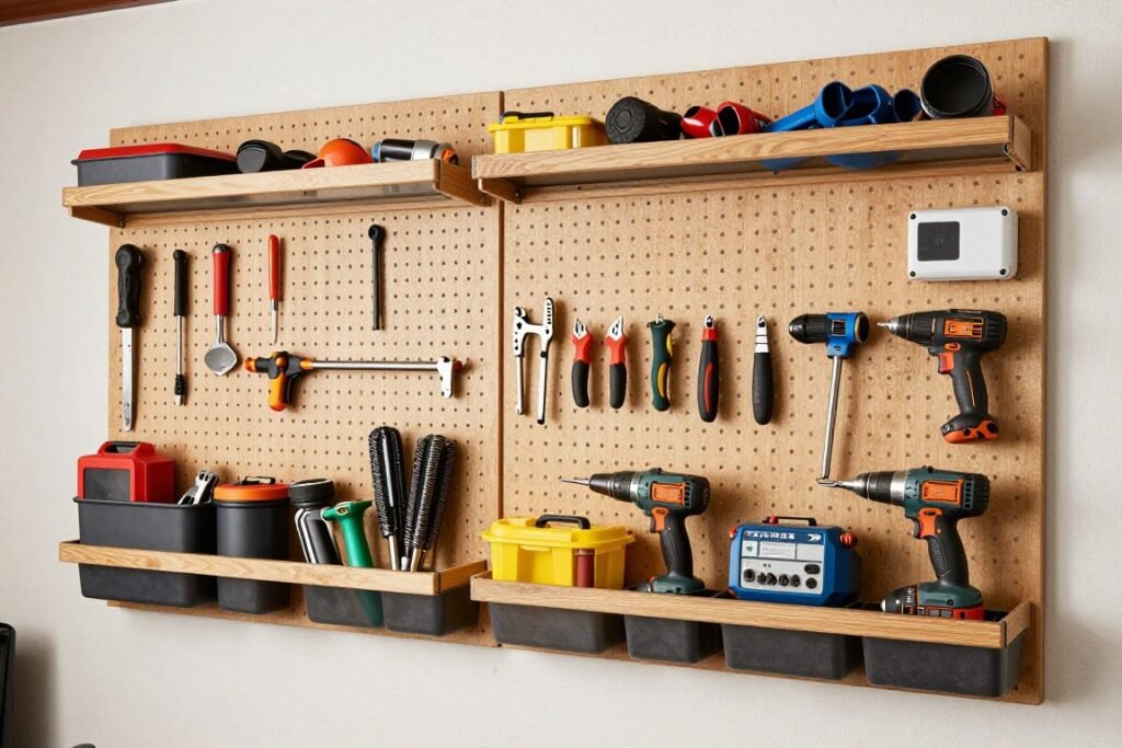 Well-organized tool wall with pegboard and various storage solutions Well-organized tool wall with pegboard and various storage solutions