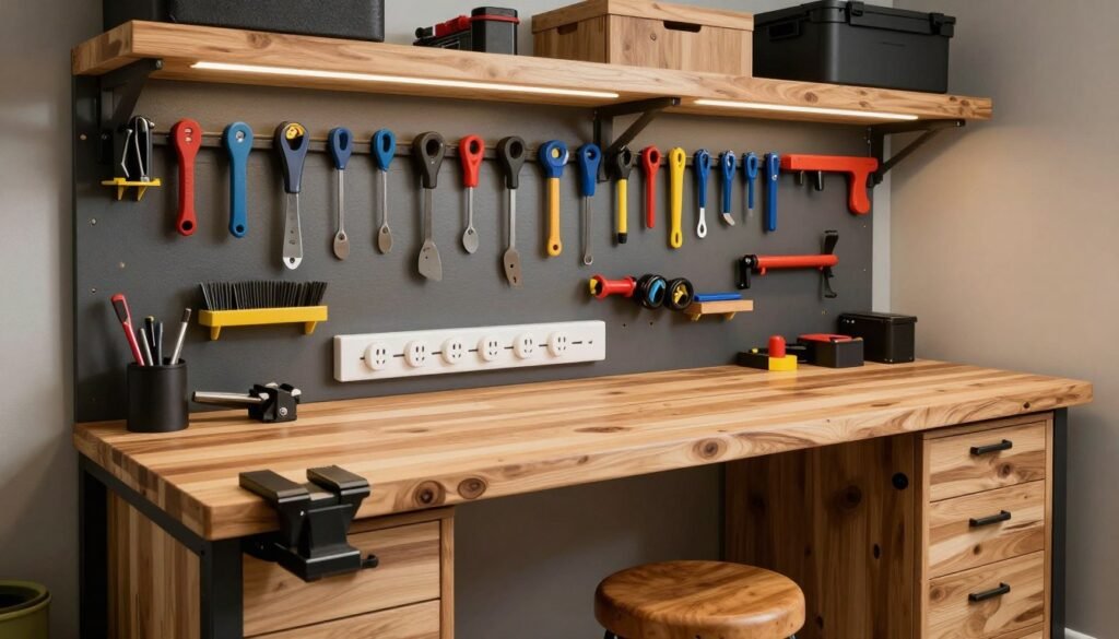 Well-organized workbench area in a man cave garage with tool storage and task lighting
