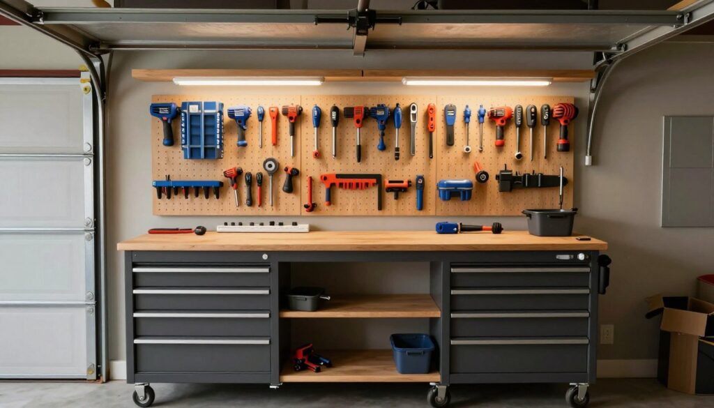 Well-organized workbench area with pegboard tool storage and task lighting in a two car garage