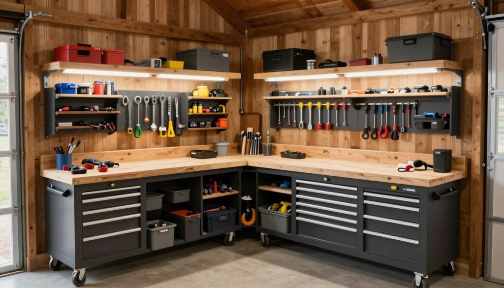 Well-organized workshop area in a barn style garage with workbench, tool storage, and good lighting