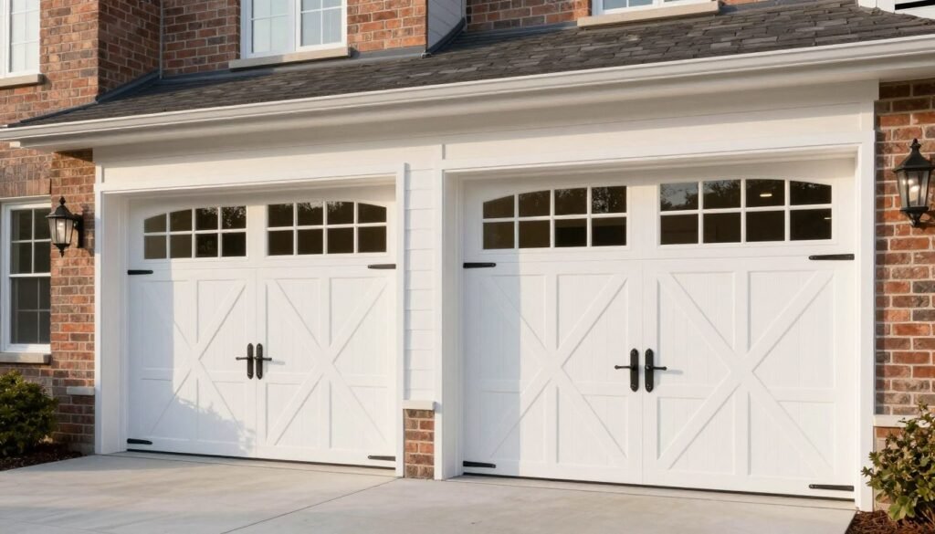 White carriage house garage doors with decorative hardware and windows on a traditional home