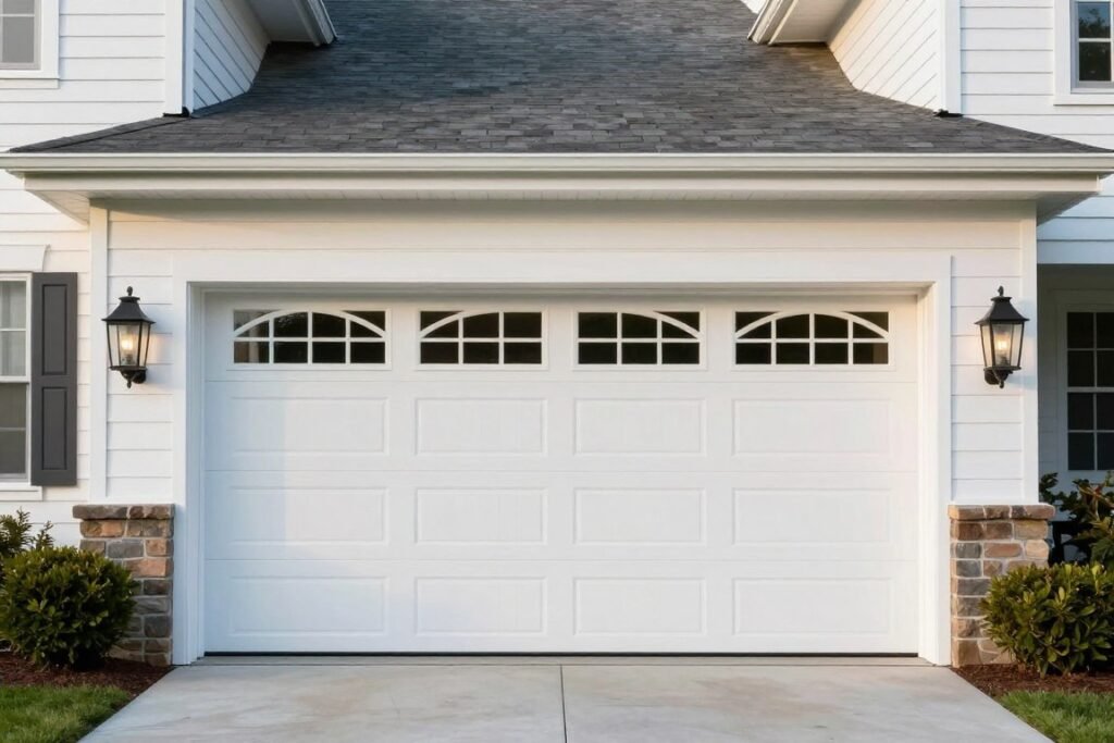 White garage door with arched window inserts arranged in a row at the top