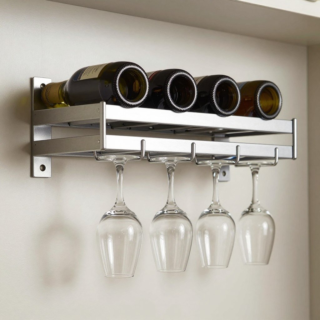 Wine rack and glass hanger storage in garage bar