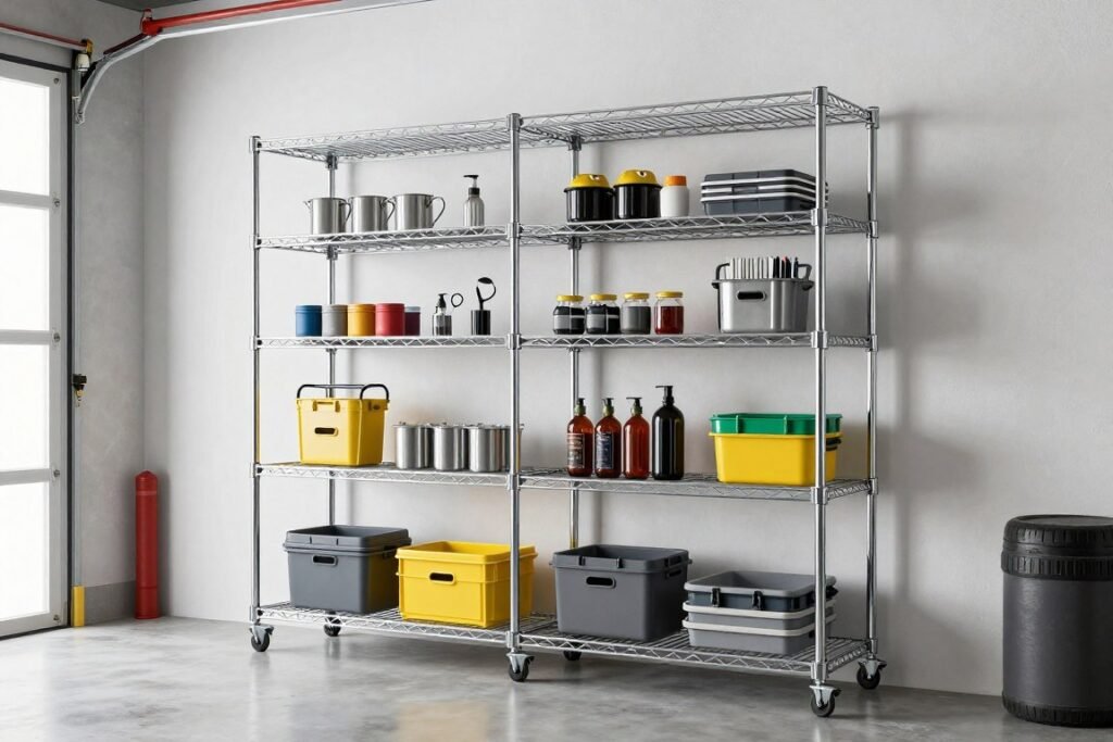Wire shelving system with wheeled base and adjustable heights
