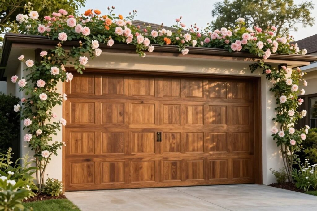 Wood garage doors framed by climbing roses and landscaping that softens the structure