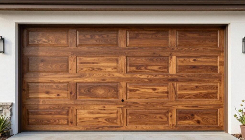 Wood-look fiberglass garage door on coastal home