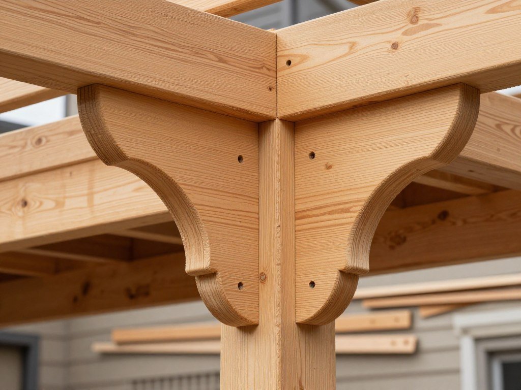 Wooden brackets for a garage pergola showing the decorative curved design and assembly process