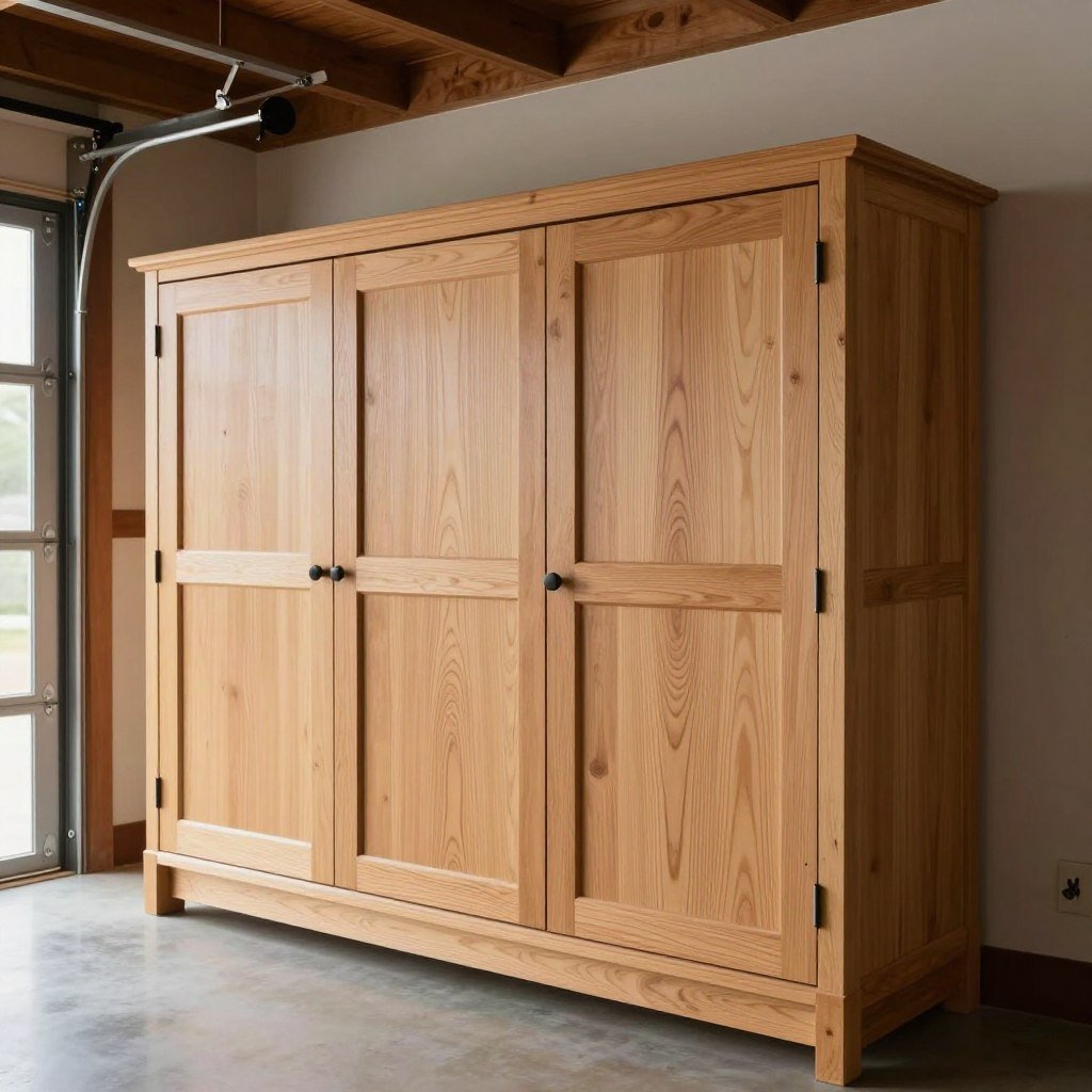 Wooden garage cabinets with natural finish