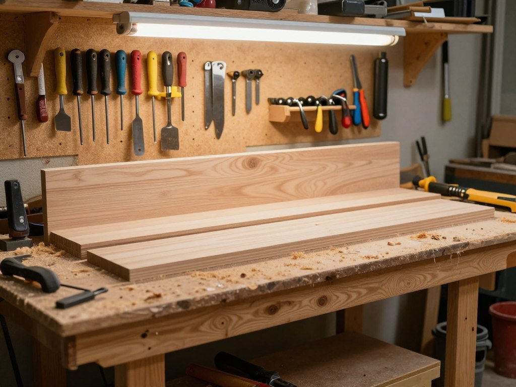 Woodworking bench with tool storage in garage workshop