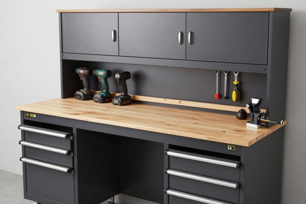 Workbench cabinet combination with storage and work surface Workbench cabinet combination with storage and work surface