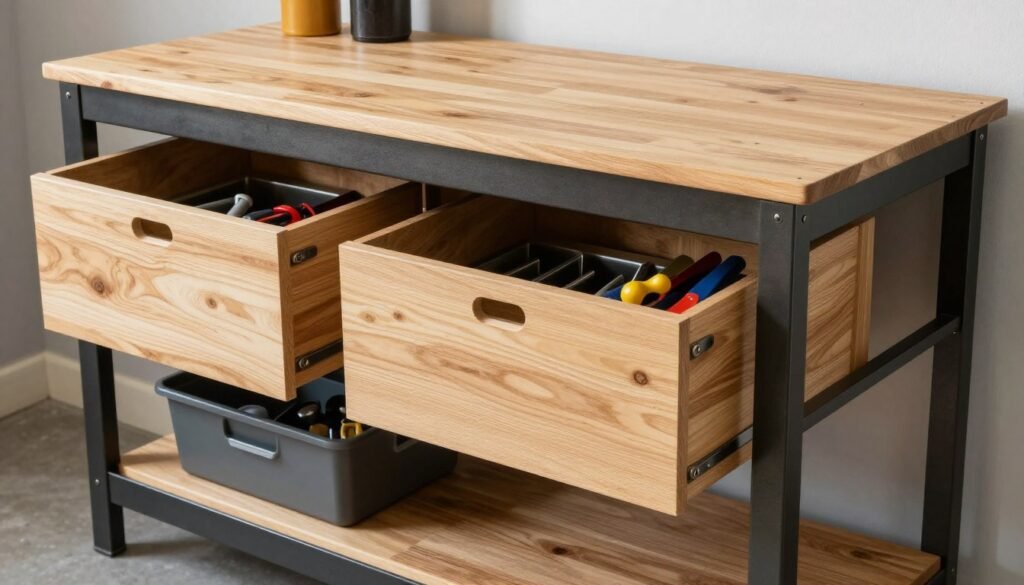 Workbench with built-in storage drawers and shelving underneath