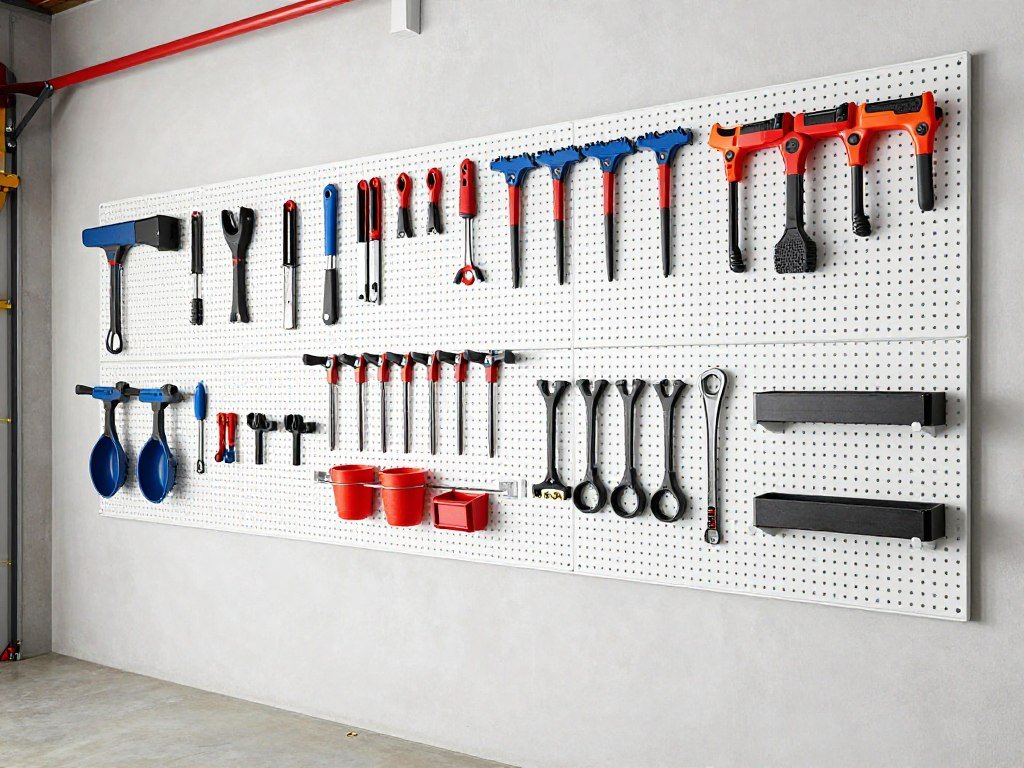 Workshop pegboard wall with organized tools and clear visual system Workshop pegboard wall with organized tools and clear visual system