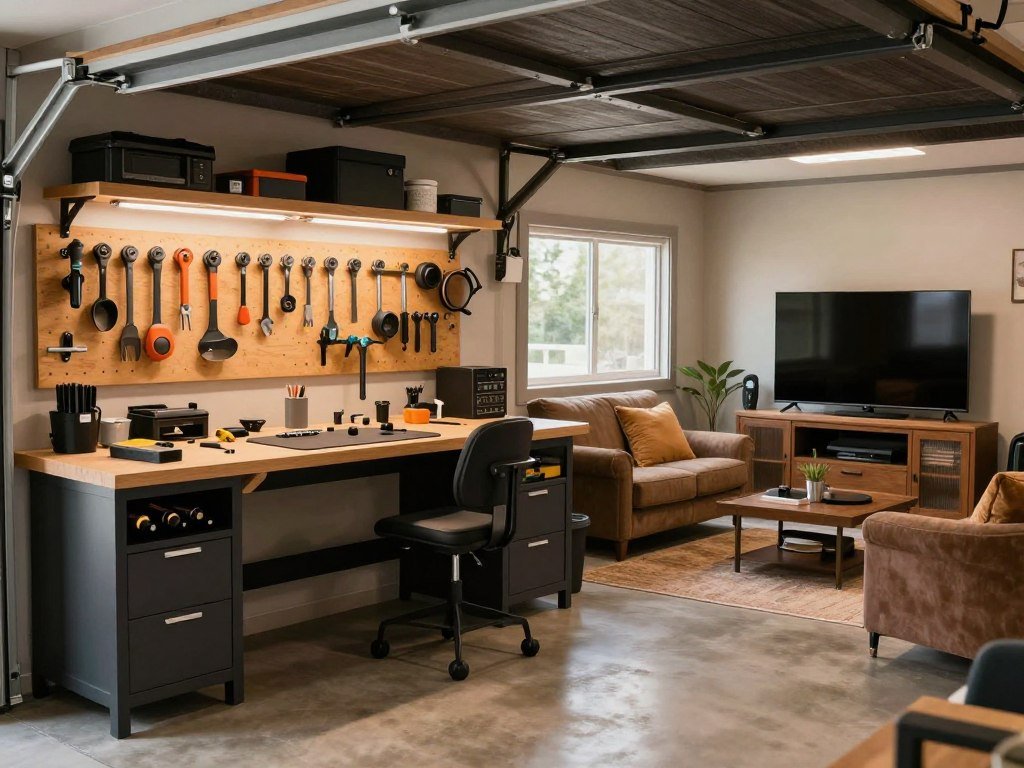 Workshop retreat garage man cave with workbench and relaxation area