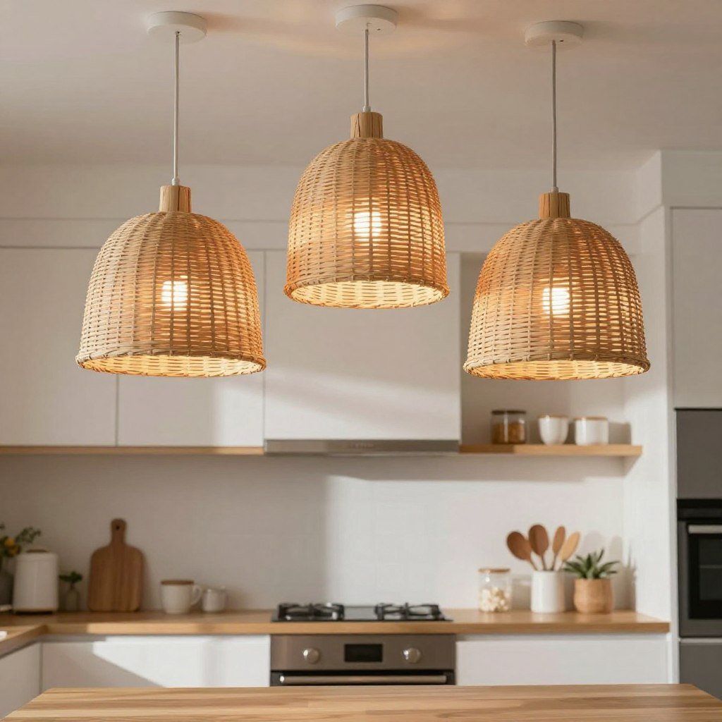 Woven or rattan pendant lights creating texture and warmth in kitchen