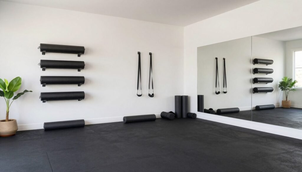 Yoga and mobility focused small garage gym with minimal equipment