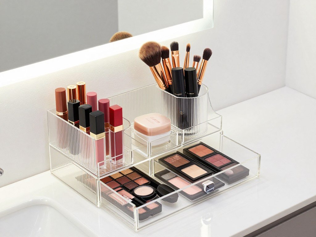 Acrylic makeup organizer with compartments for beauty products