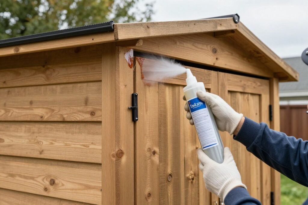 Applying sealant to wooden bin shed