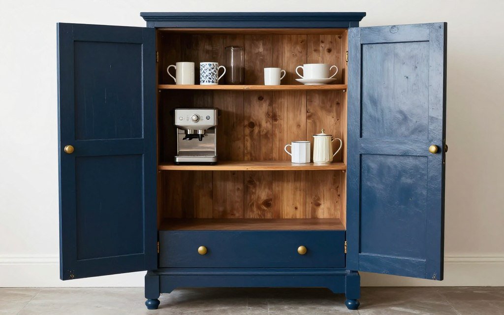 Armoire repurposed as freestanding coffee bar cabinet
